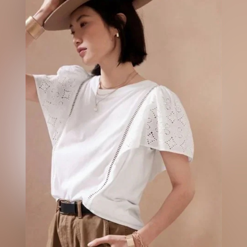 Banana Republic Women’s Knit White Eyelet Flutter Sleeve Cotton Top SZ S Petite